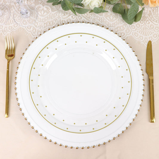 10 Pack 10" Clear With Gold Dot Rim Plastic Dinner Plates, Round Disposable Tableware Plates