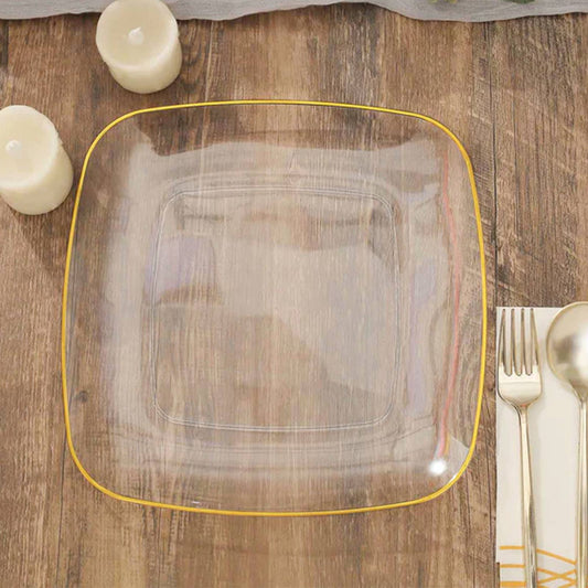 10 Pack 10" Clear with Gold Rim Square Plastic Lunch Party Plates, Disposable Dinner Plates